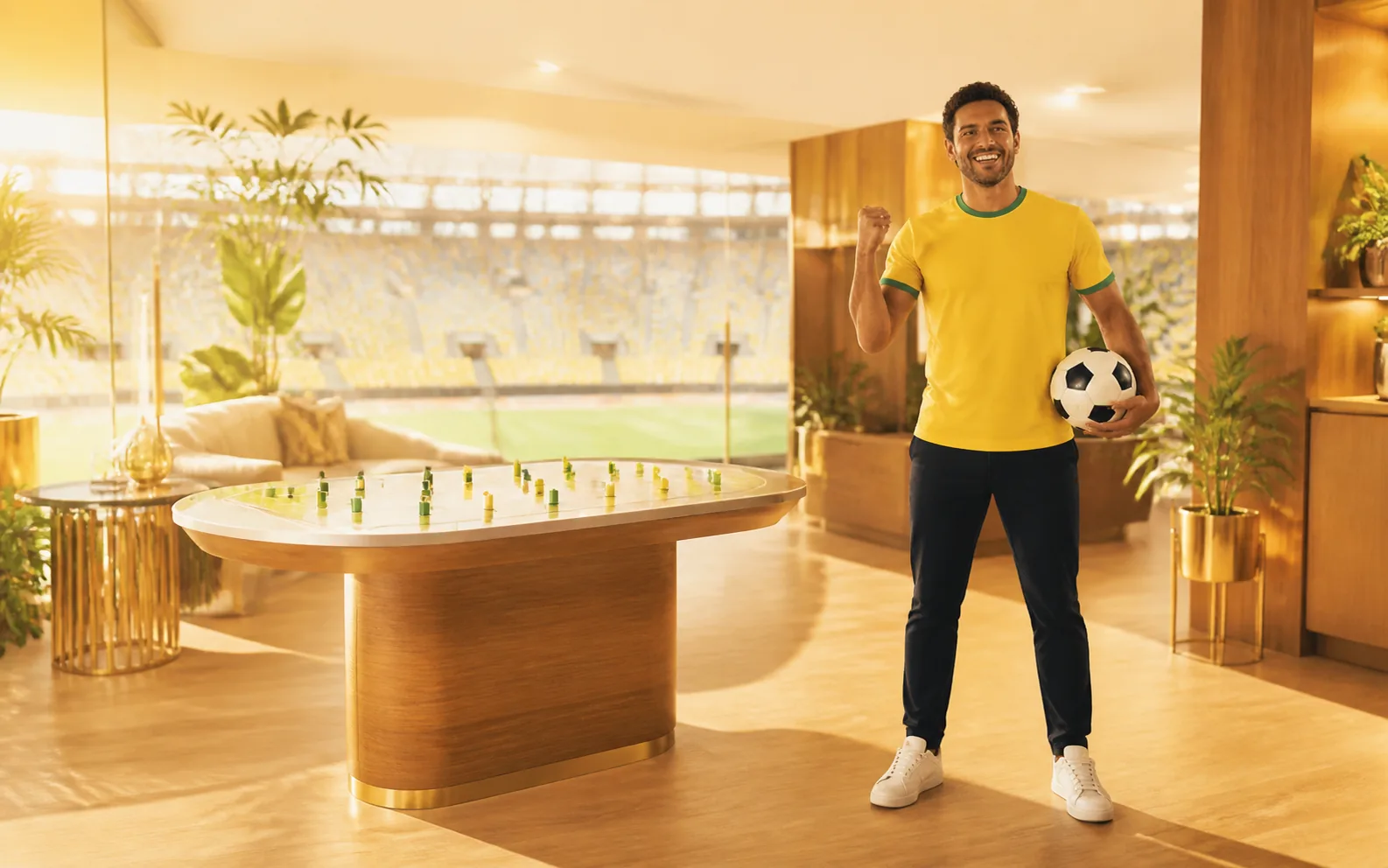 Torcedor em lounge esportivo com mesa de jogos ao vivo