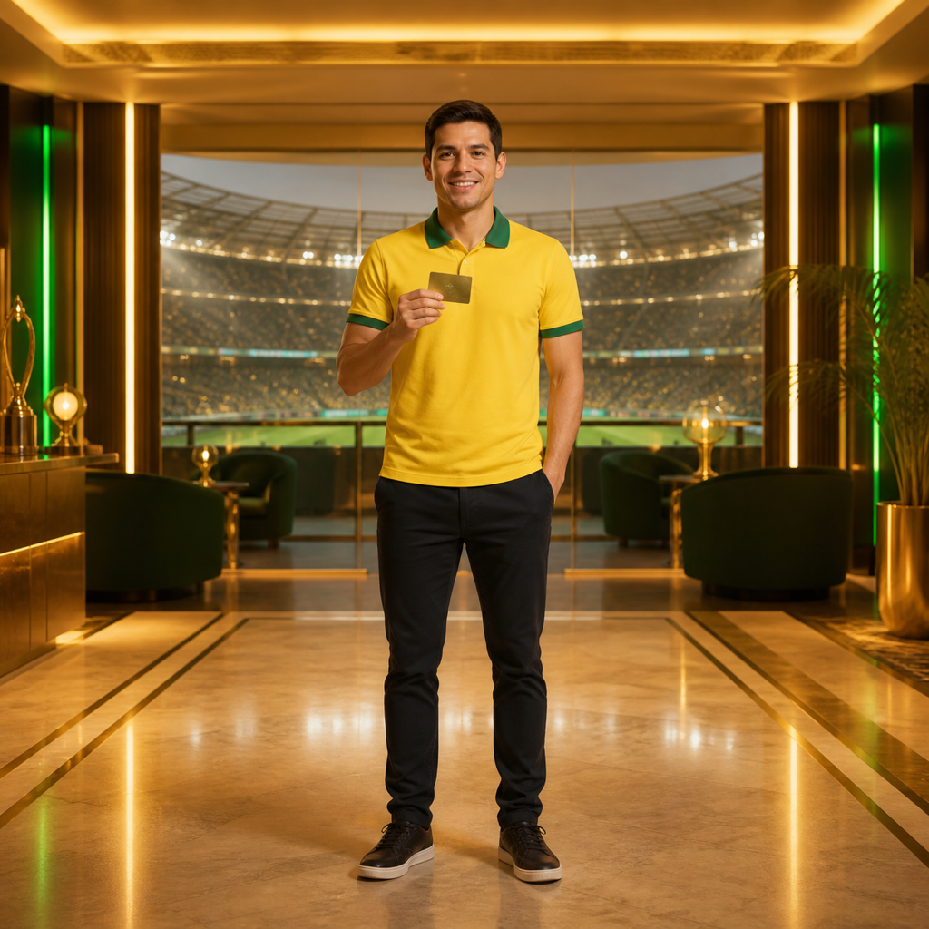Torcedor brasileiro apresenta cartão de fidelidade em lounge esportivo