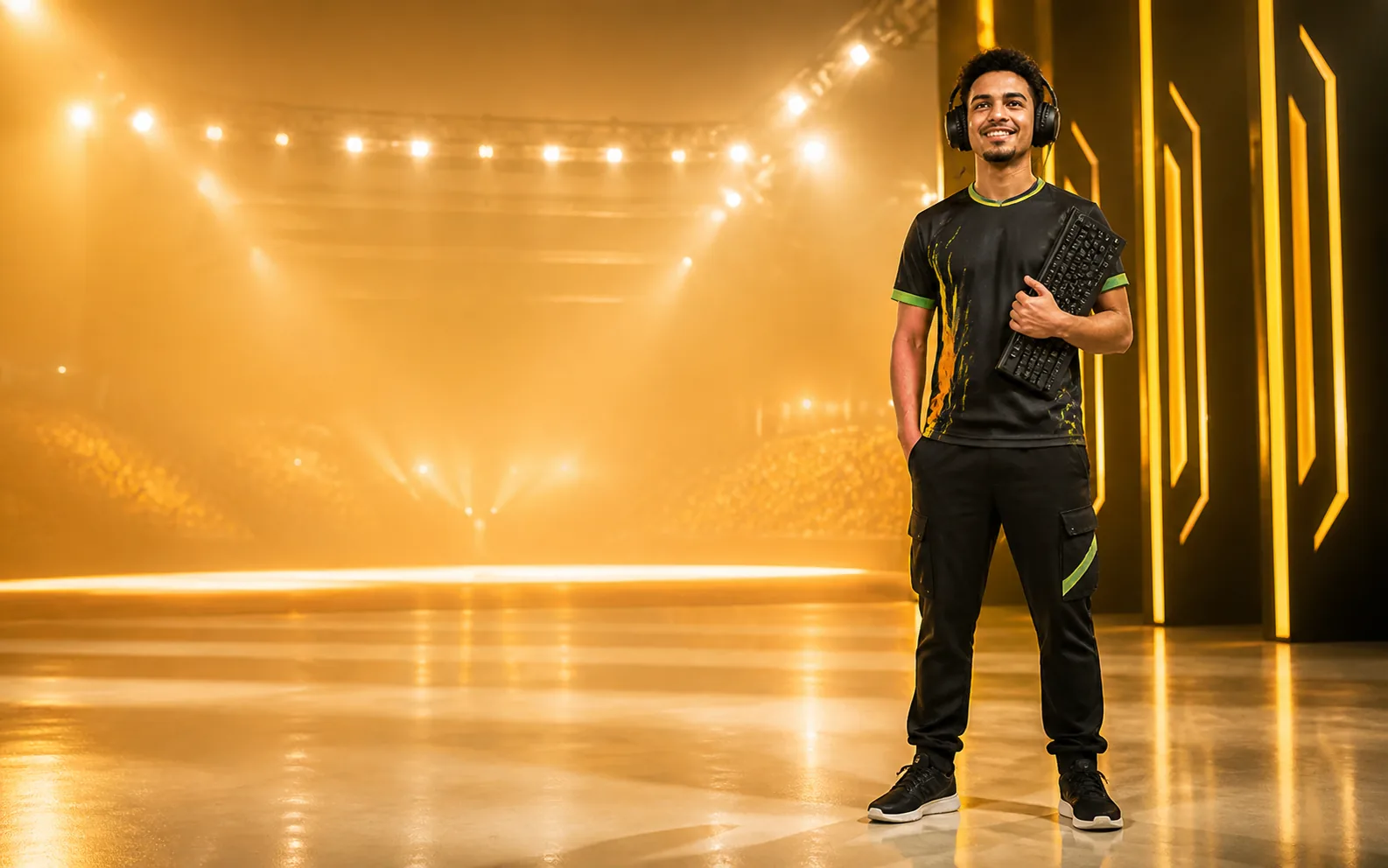 Atleta brasileiro em arena esportiva com painéis de jogos