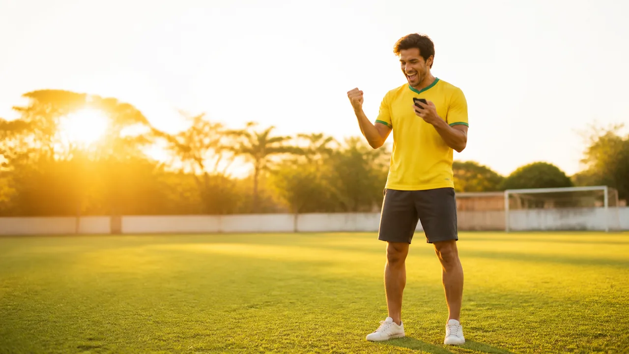 Torcedor brasileiro acompanha a BetLabel pelo celular em um campo de futebol