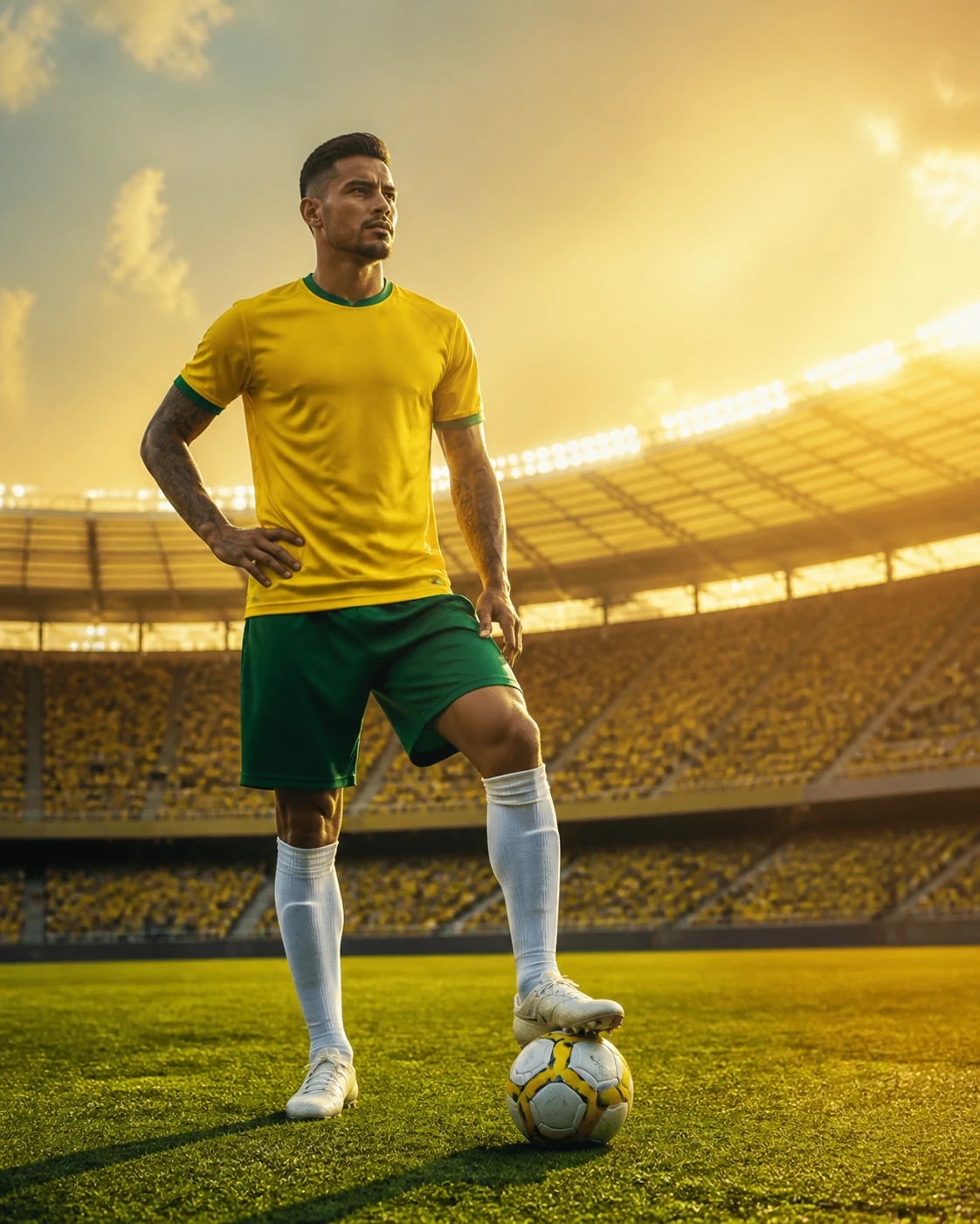 Jogador brasileiro em um estádio iluminado